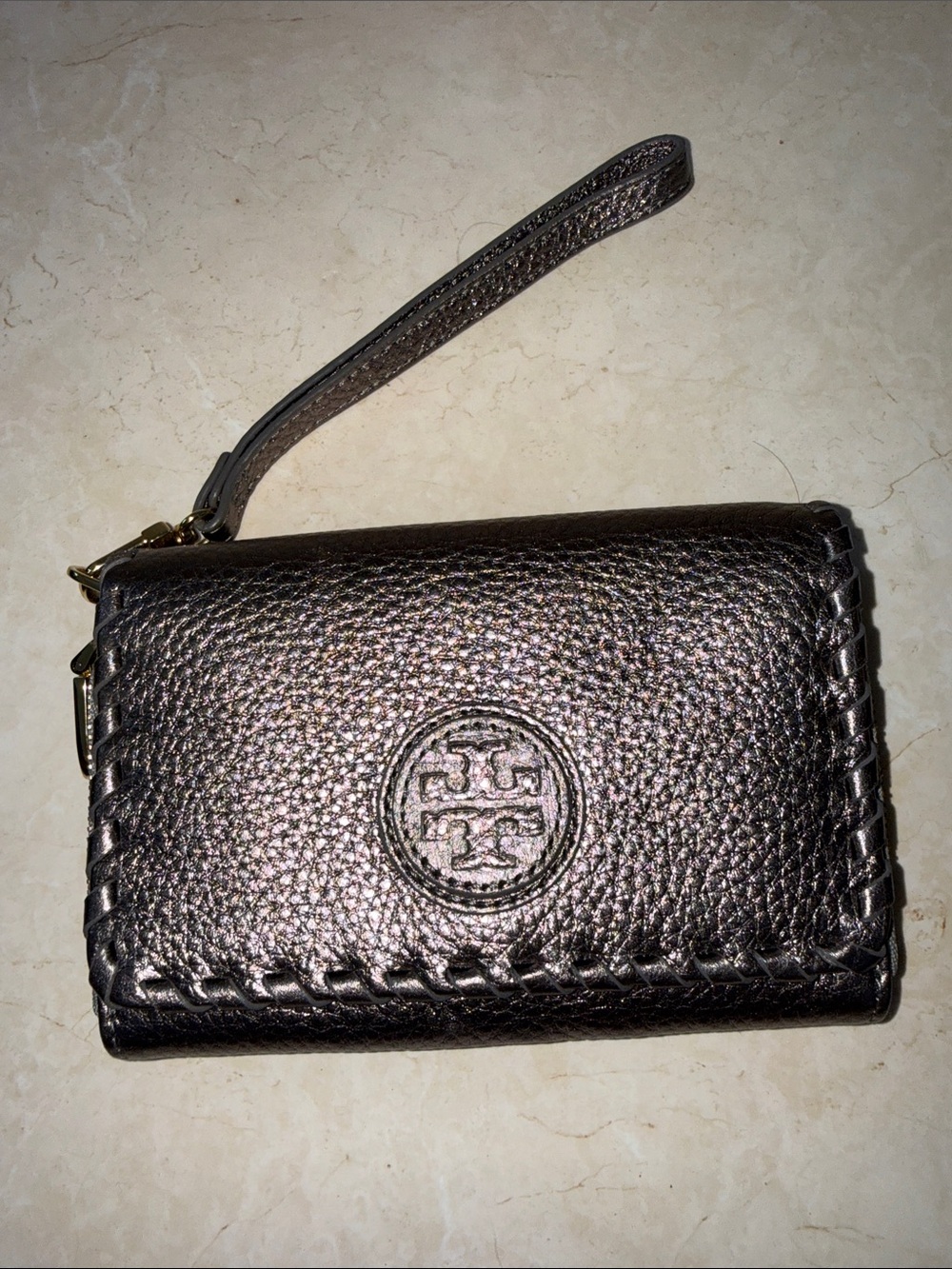 Tory Burch Metallic Bronze Pebbled Leather Wristlet
